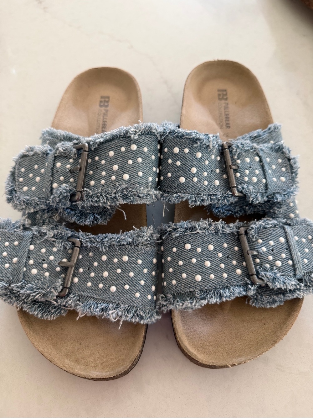 Pull&Bear Light Blue Polka Dot Frayed Denim Slide Sandals